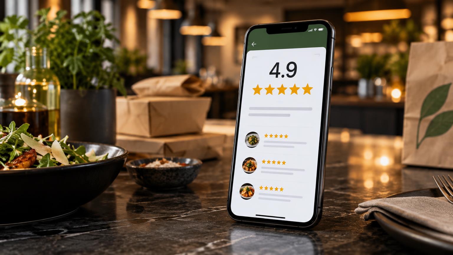 Realistic smartphone displaying five-star customer reviews