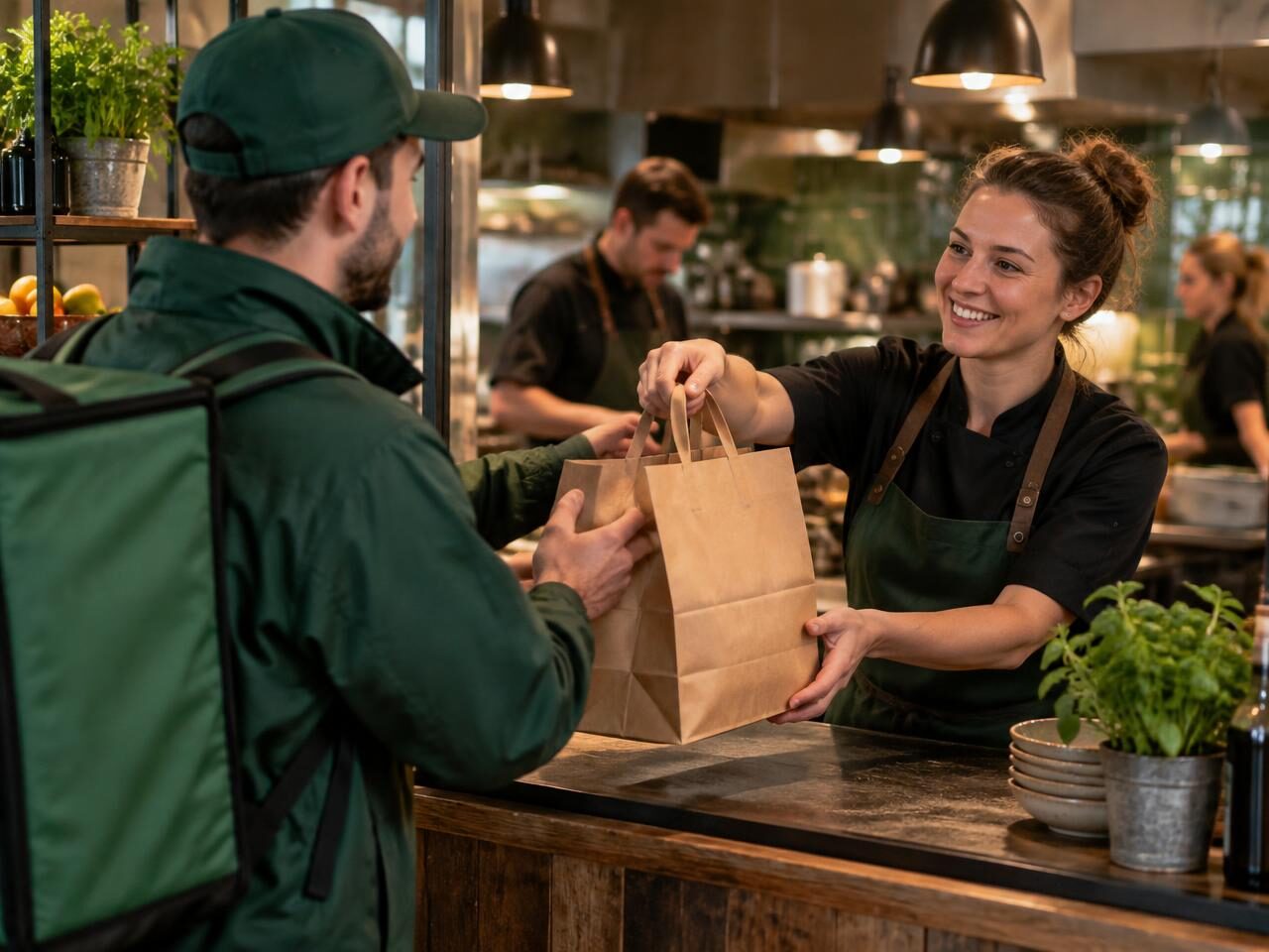 Restaurant owner handing a prepared order to a professional delivery courier